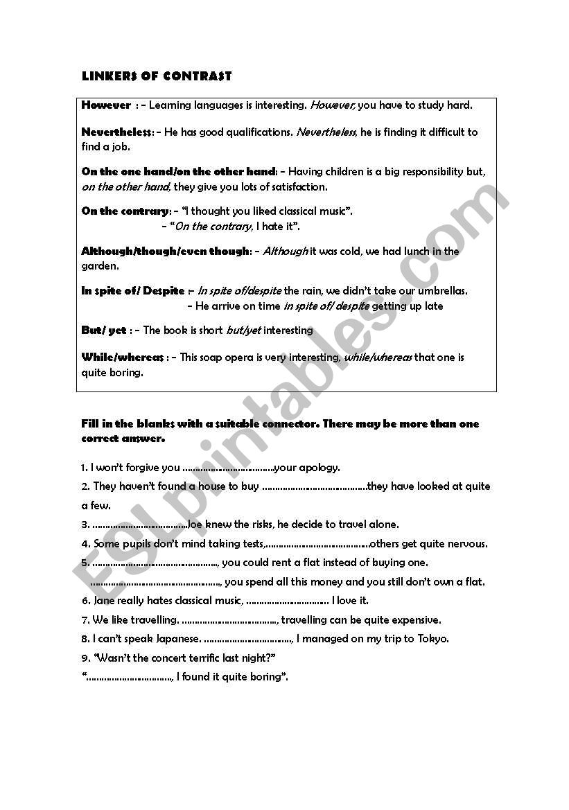 Connectors of contrast worksheet