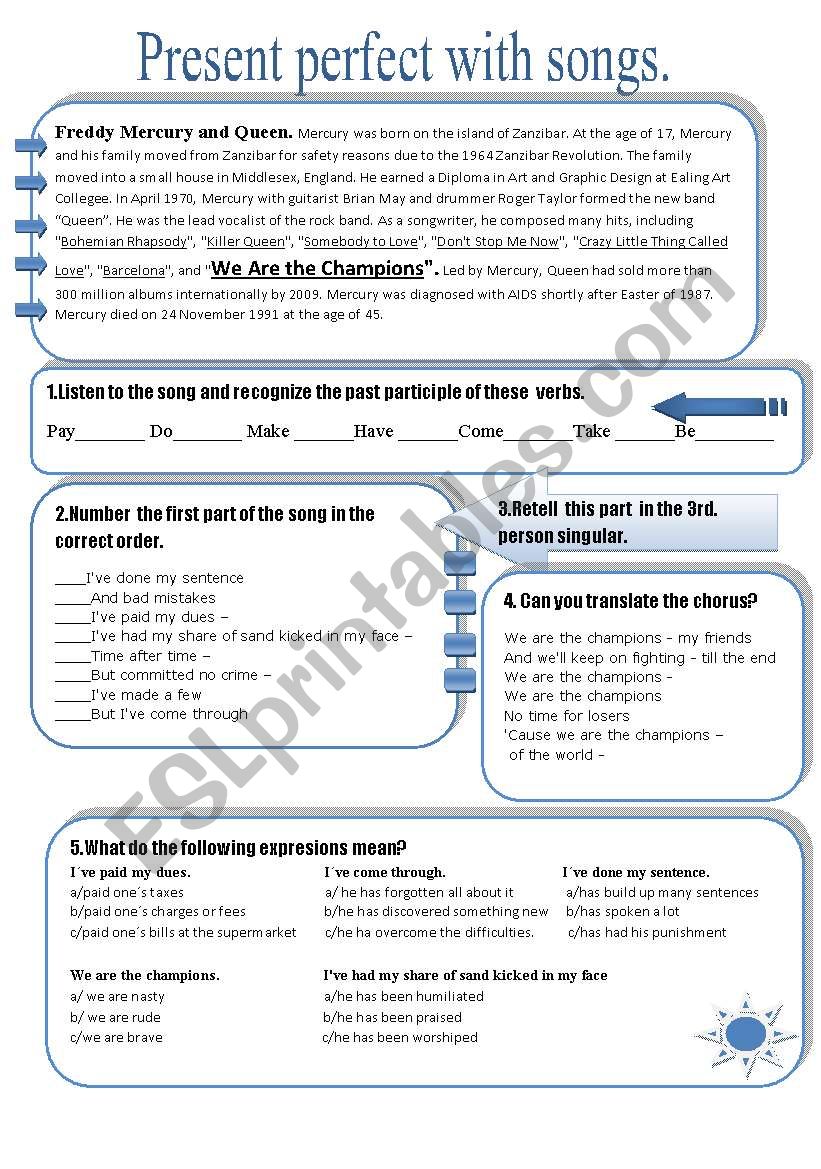 present perfect with songs worksheet