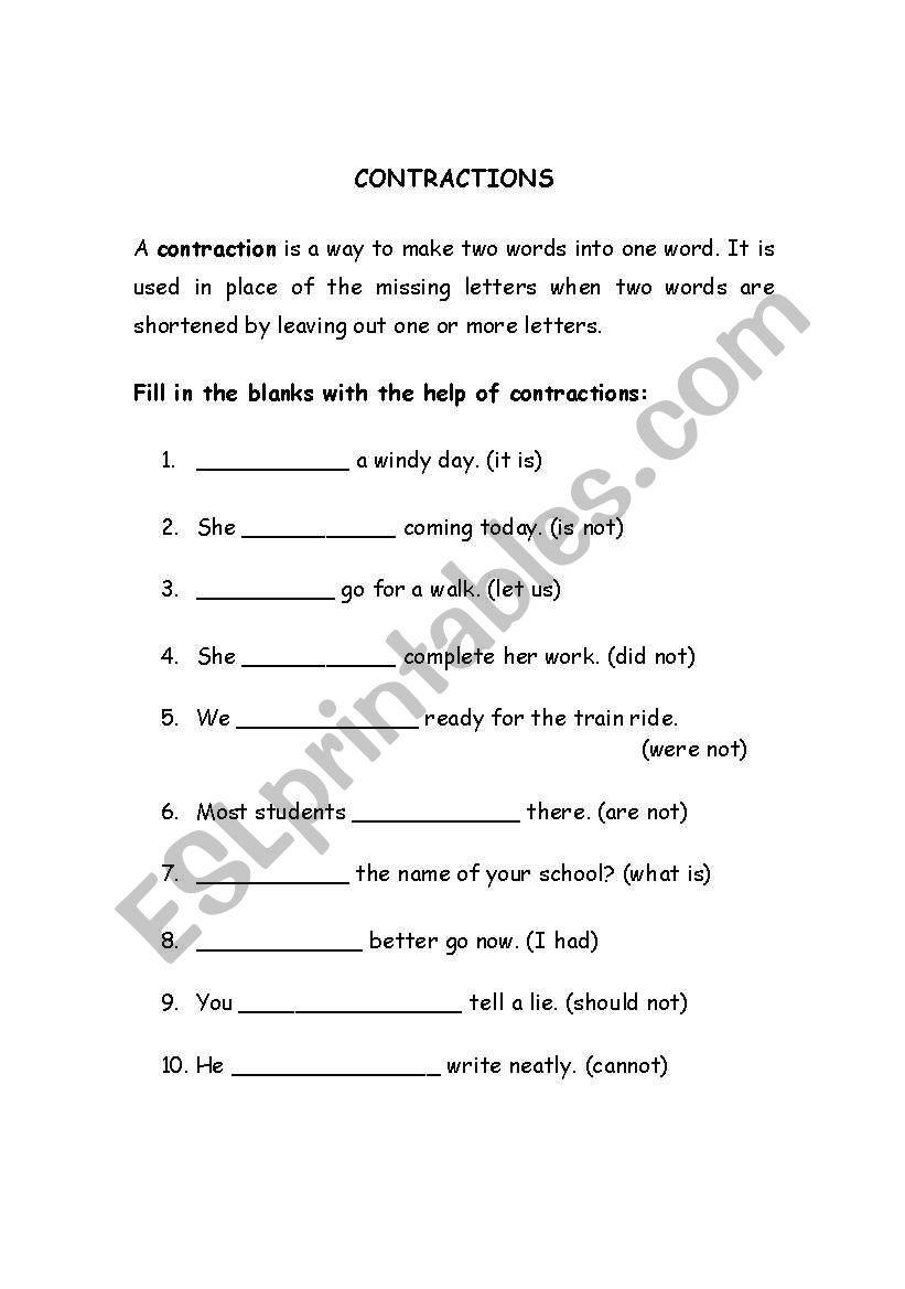 contractions worksheet