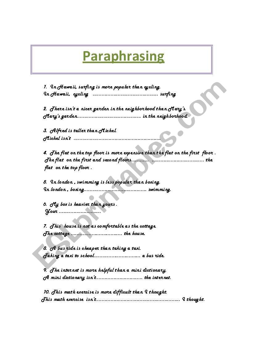PET - Paraphrasing worksheet