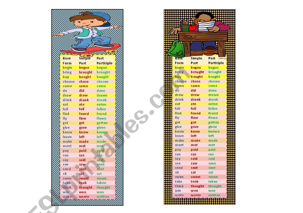 Bookmarks for boys with a list of some irregular verbs