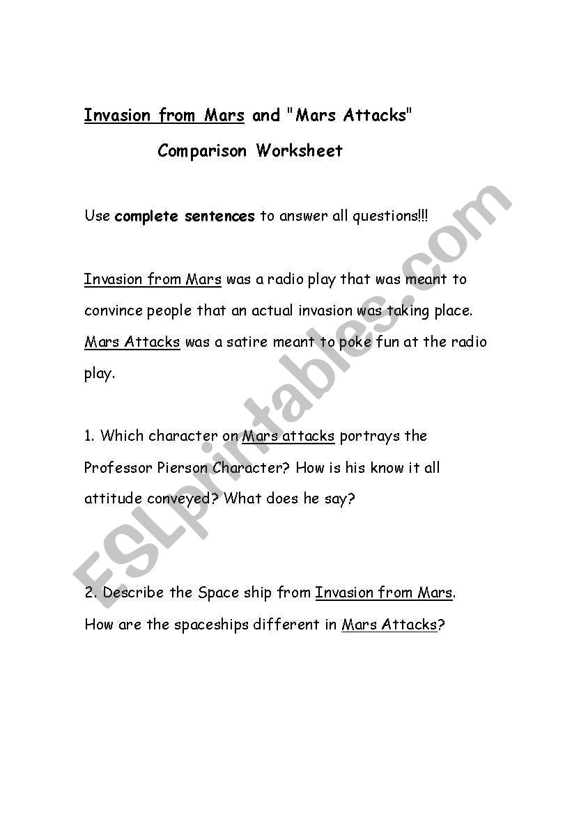 Mars Attacks and Invasion from Mars Comparative Worksheet