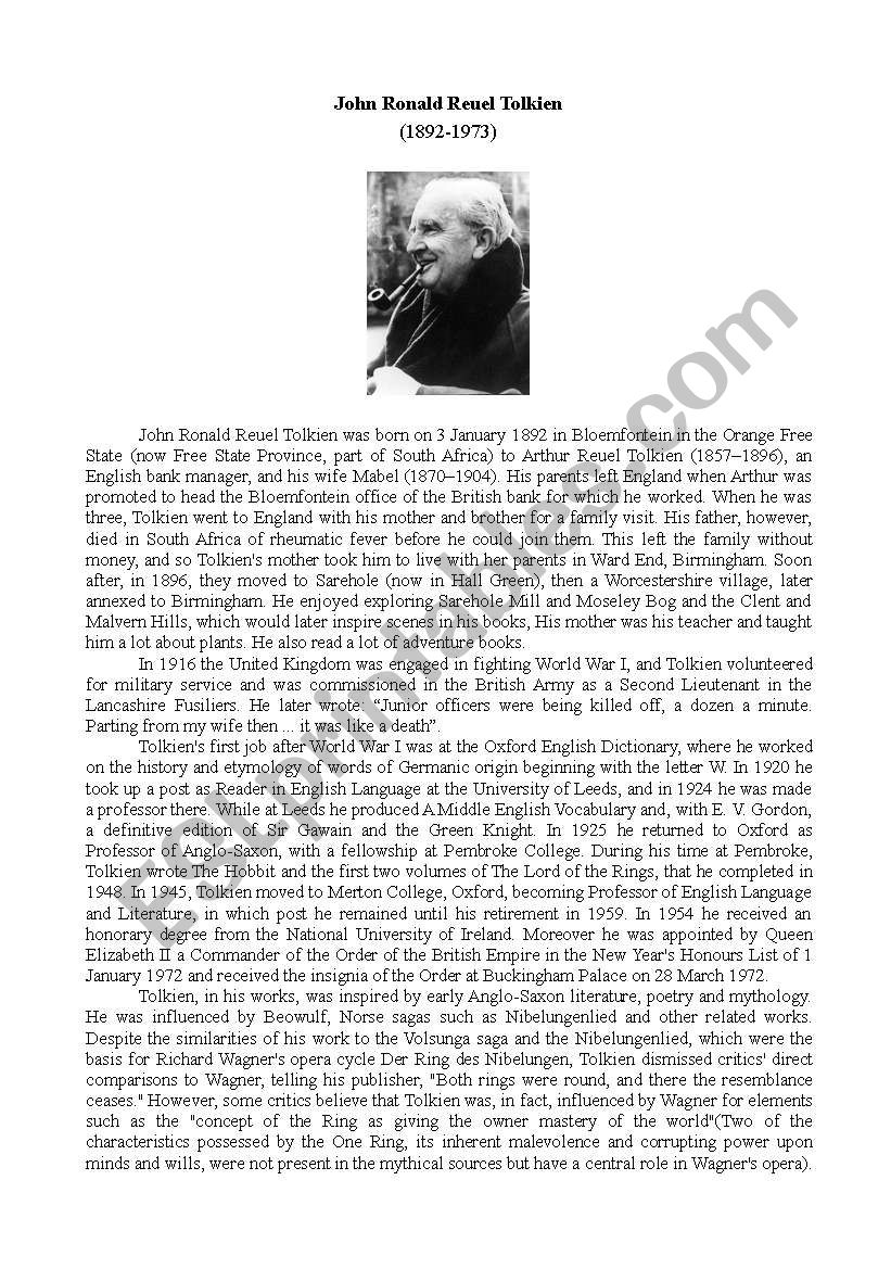 JRR TOLKIEN worksheet