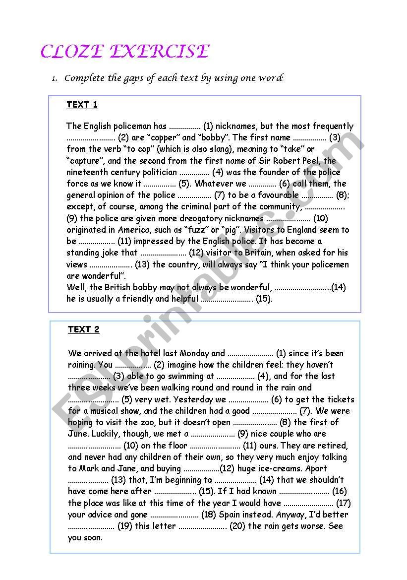 CLOZE EXERCISE worksheet