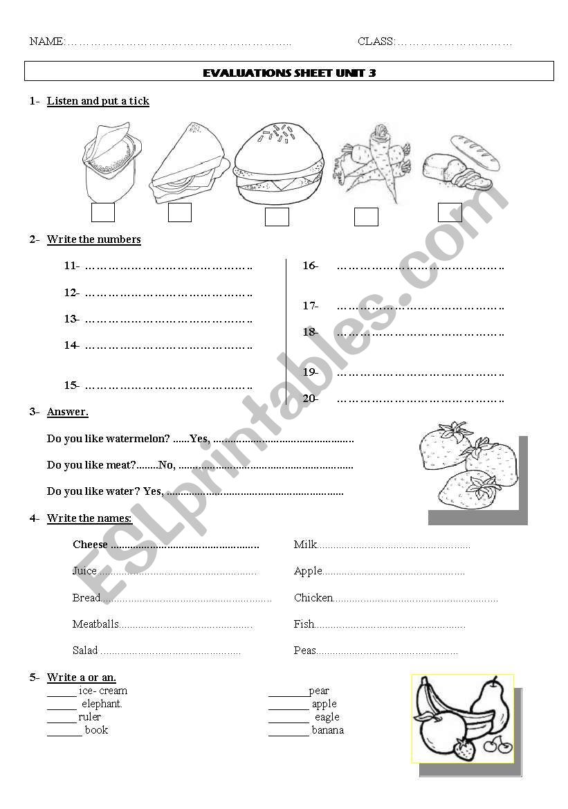 Review: Food, the use of a or an, numbers between 11 and 20,