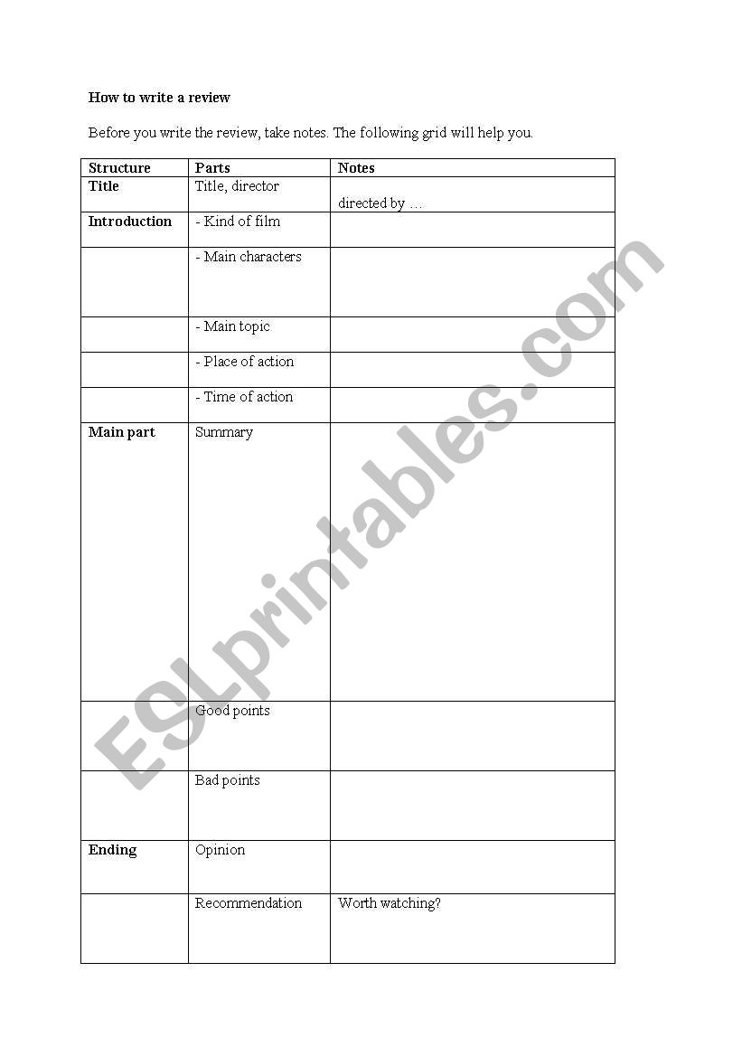 How to write a film review worksheet