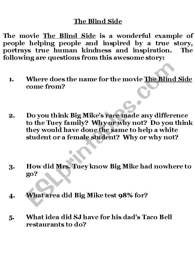 The Blind Side questions worksheet