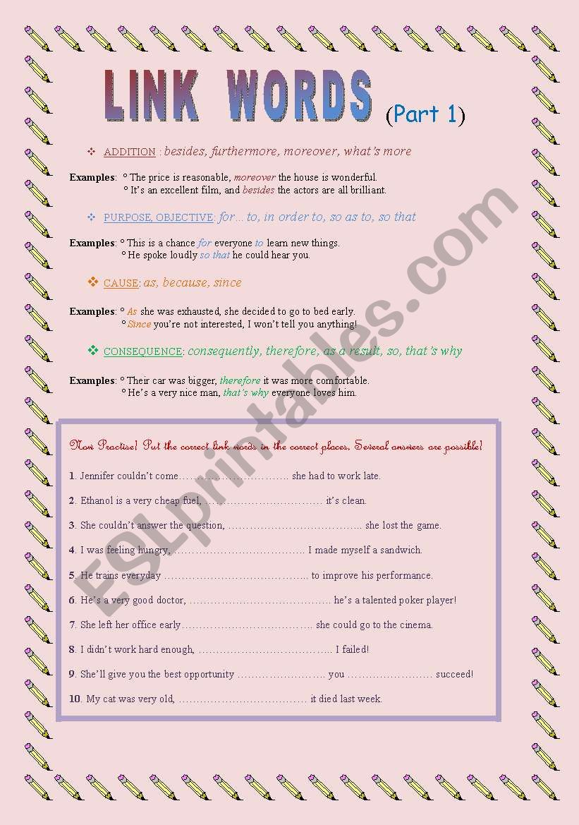 Main link words worksheet