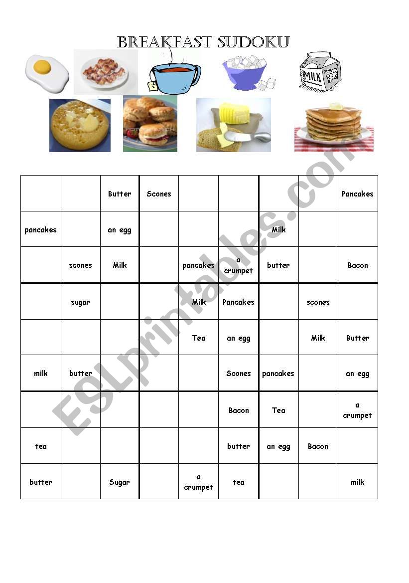 Sudoku Breakfast Vocabulary Easy
