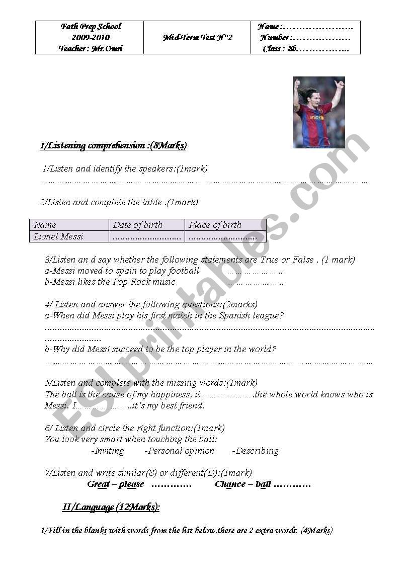 Mid Term Test2 8th form worksheet