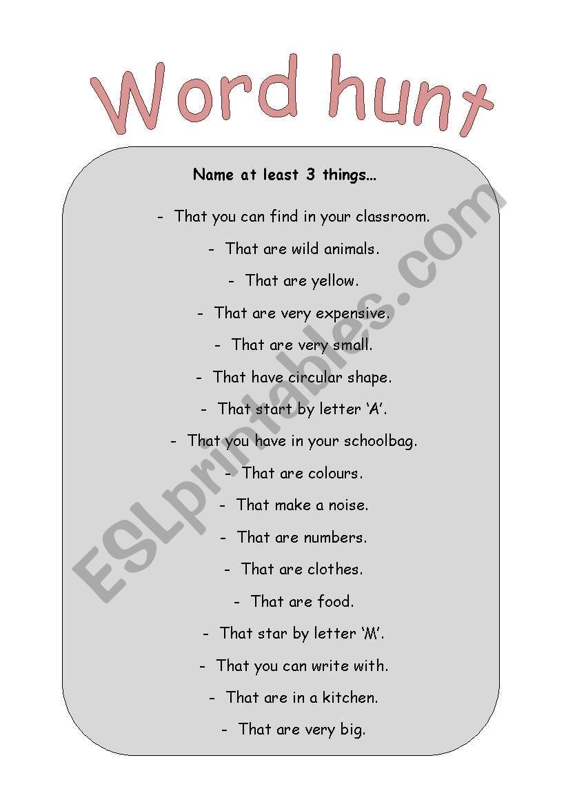 Word hunt worksheet