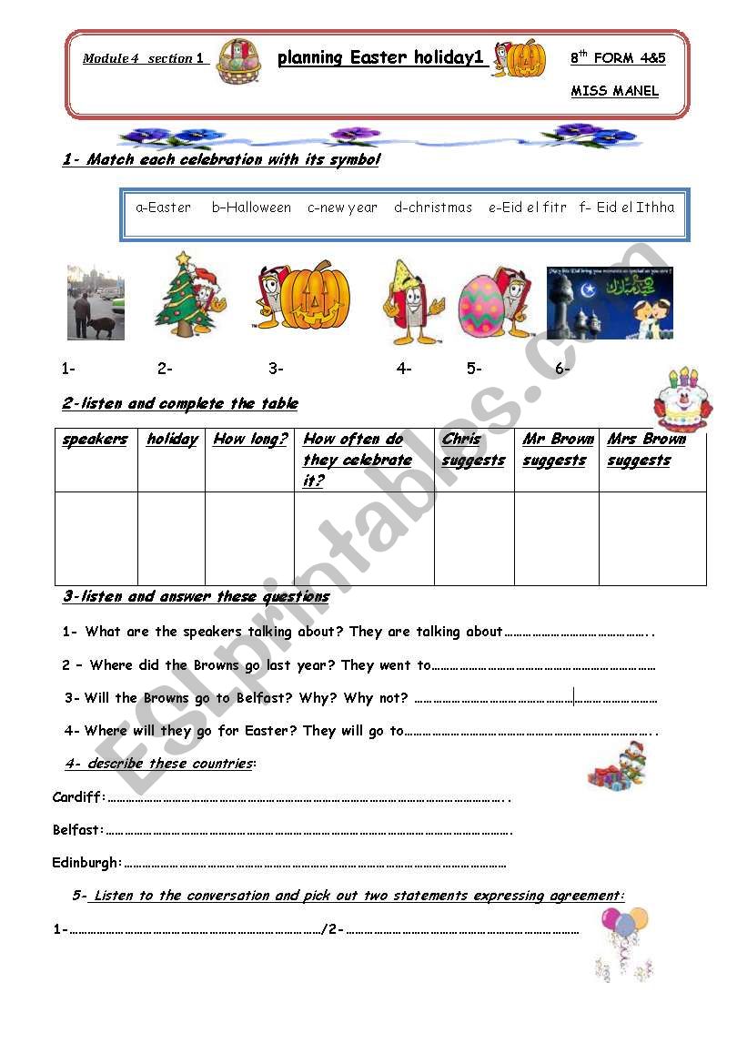 planning Easter holiday worksheet