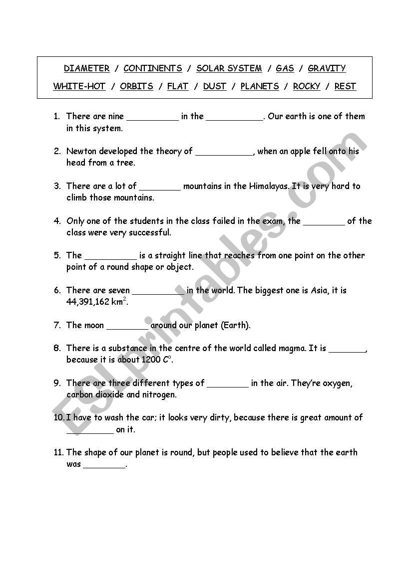 earth vocbulary worksheet