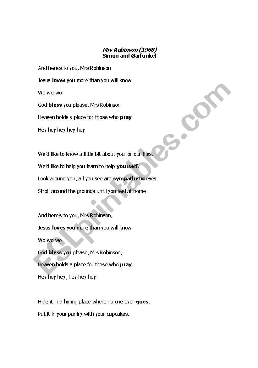 Music-Mrs Robinson worksheet