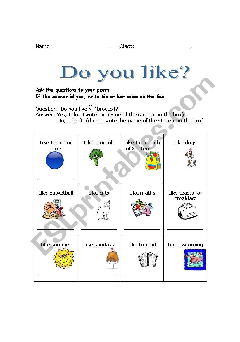 Find a friend who likes... worksheet