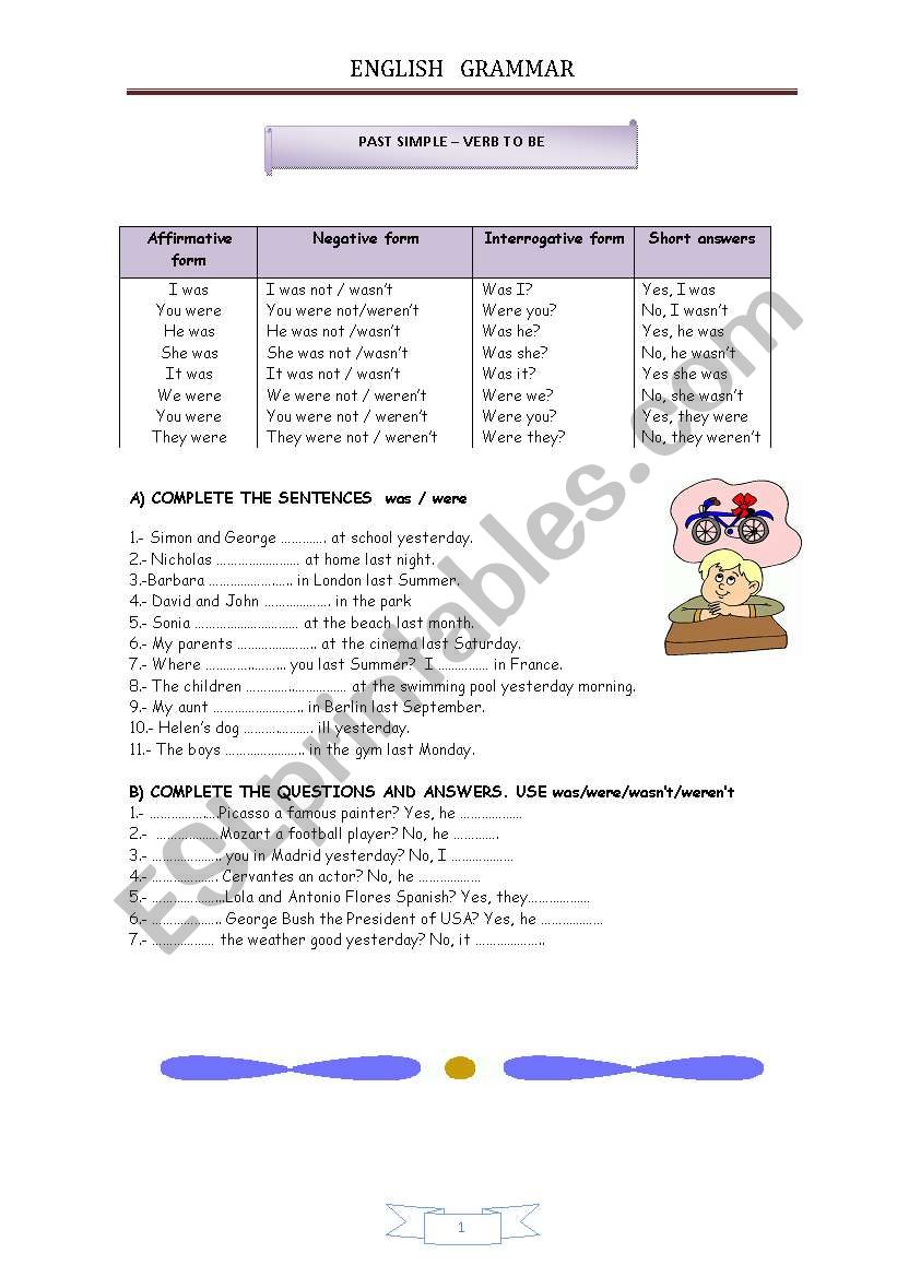 Past simple.Verb TO BE worksheet