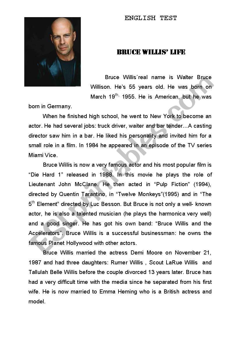 Bruce Willis  life worksheet