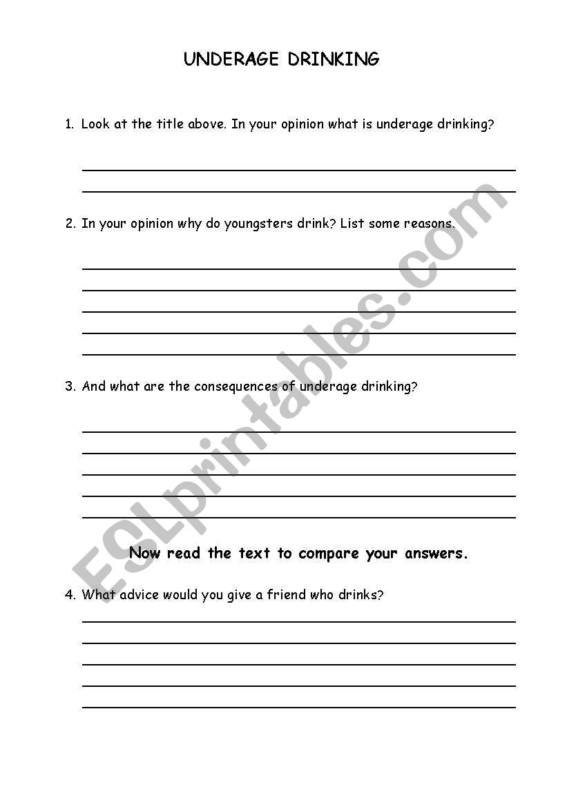 Underage drinkingII worksheet