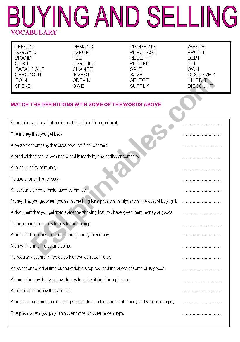 BUYING AND SELLING (1) worksheet