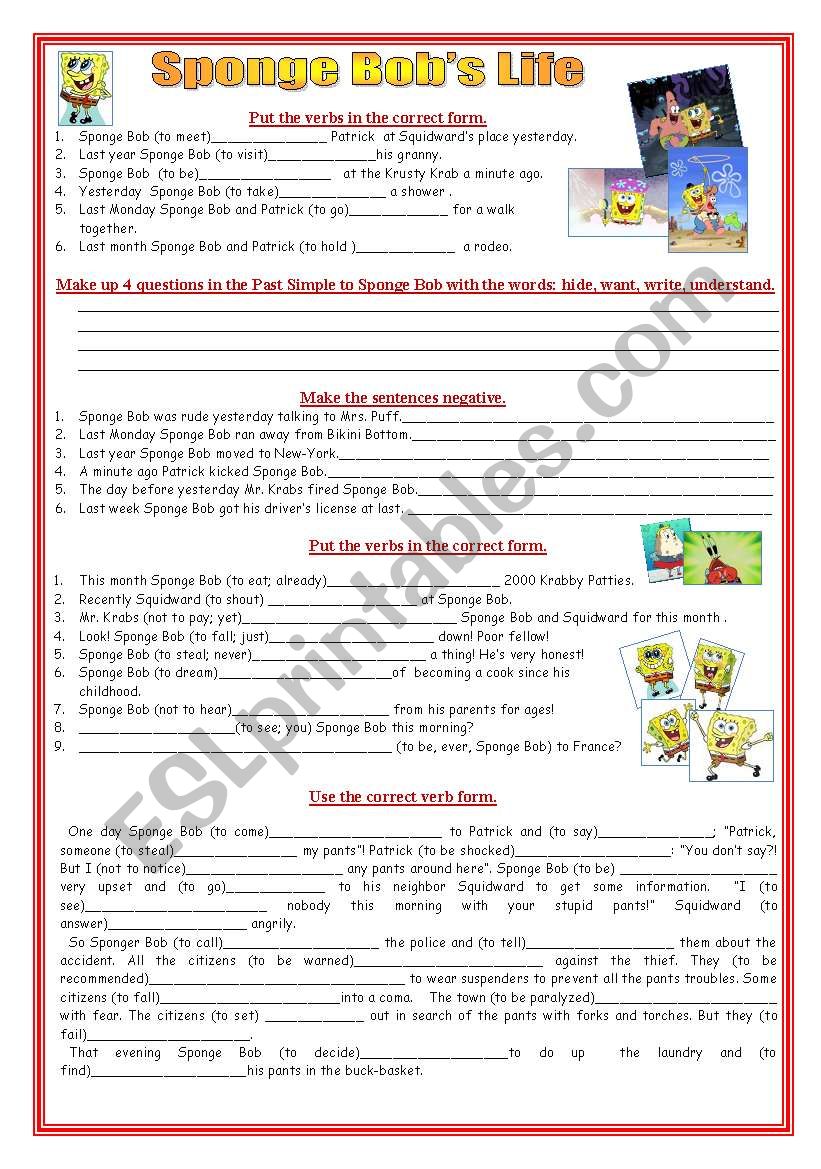 Sponge Bob´s Life ESL worksheet by Great Teacher Onizuka