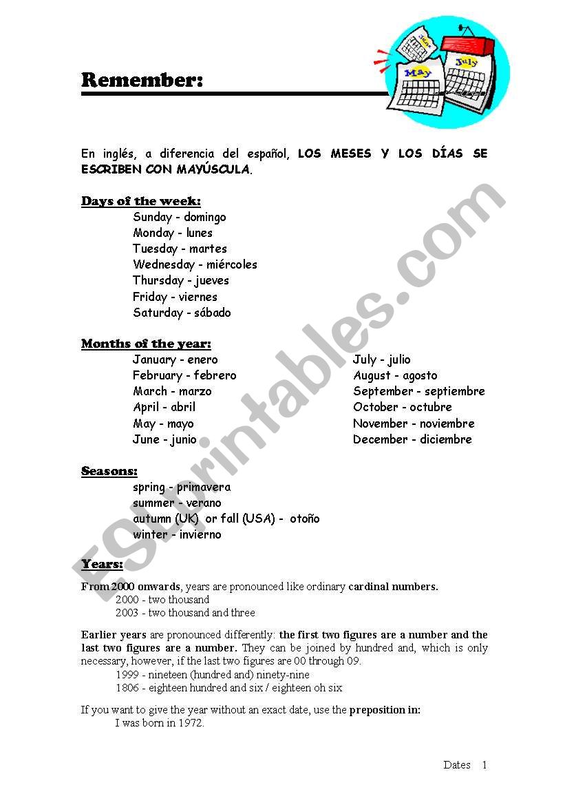 Dates - remenber how to write the date in English - ESL worksheet