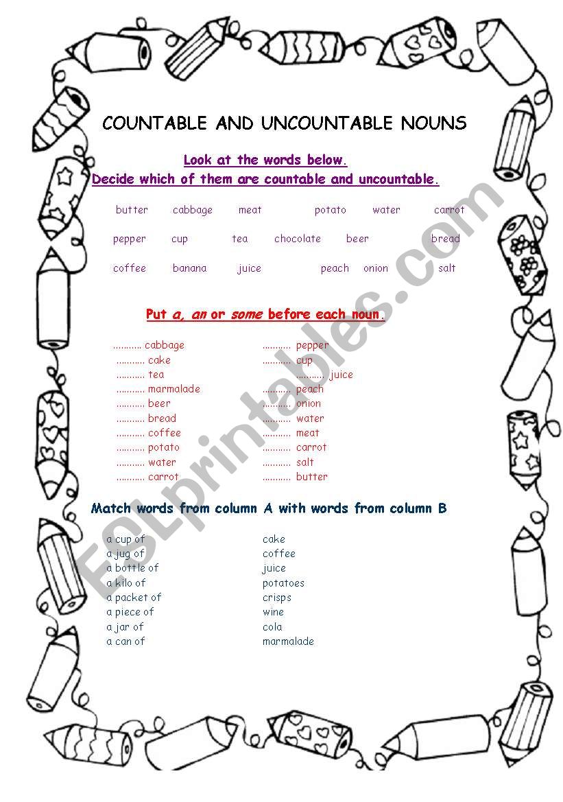 Countable and uncountable nouns 2 pages