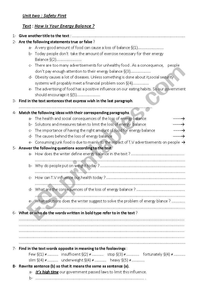 Safety First worksheet