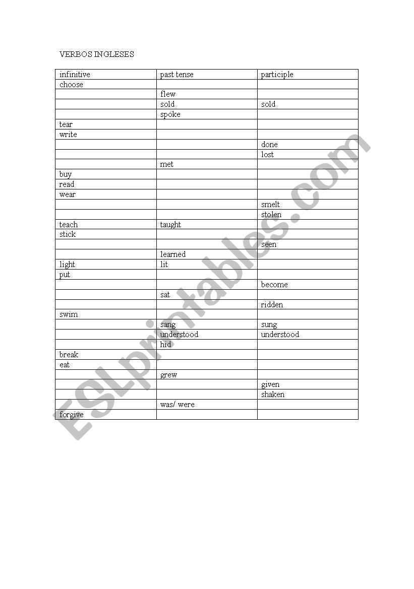 Irregular verbs test worksheet