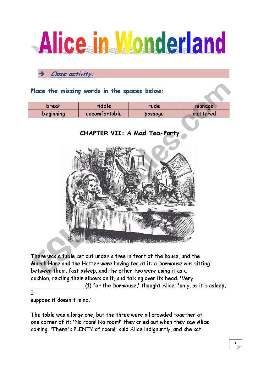 Reading time!!! Alice in Wonderland (Chapter VII) - Cloze activity. (10 ...