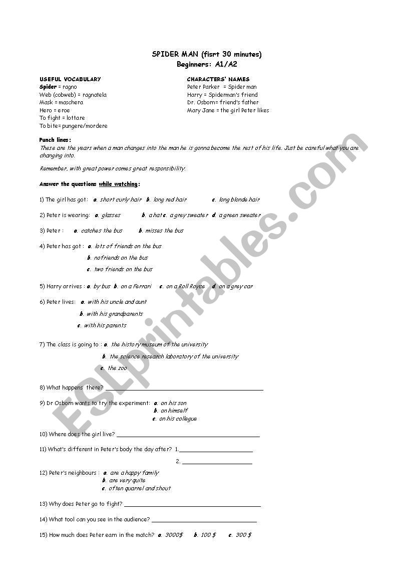 Spider man for beginners worksheet