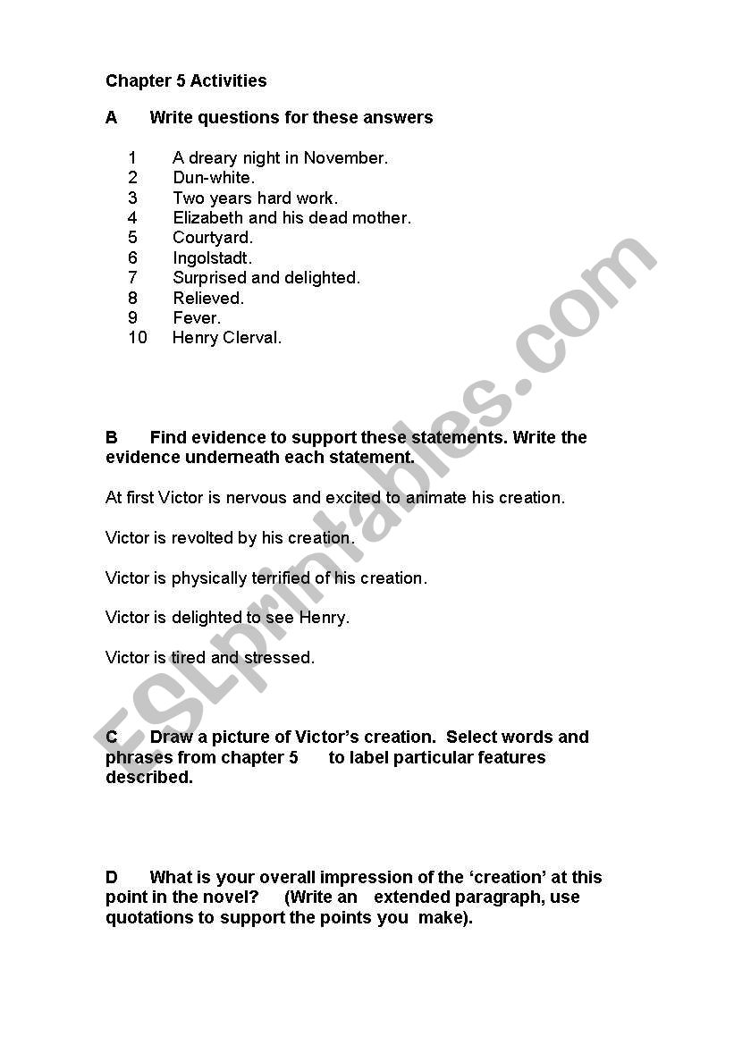 Chapter 5 Frankenstein worksheet