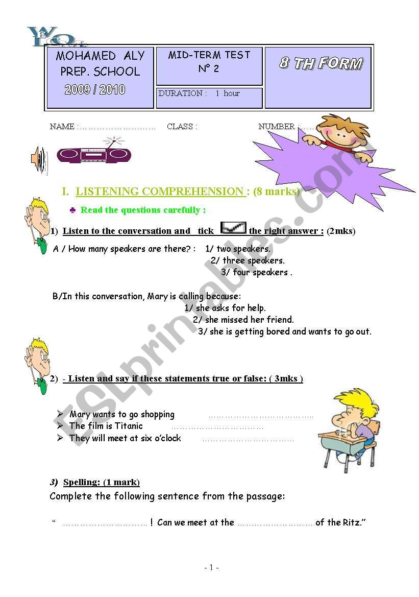 MID TERM TEST 8TH FORM worksheet