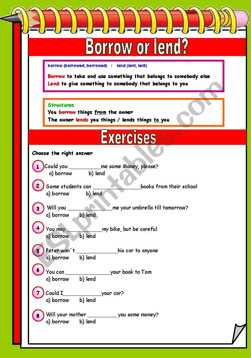 Borrow or lend? worksheet