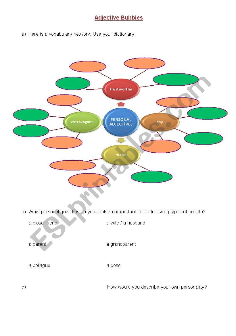 personal adjective bubbles worksheet
