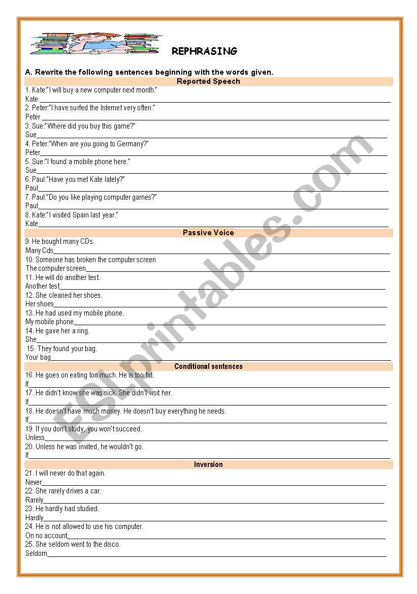 REPORTED SPEECH+PASSIVE+CONDITIONALS+INVERSION -:REPHRASING(WITH KEY)