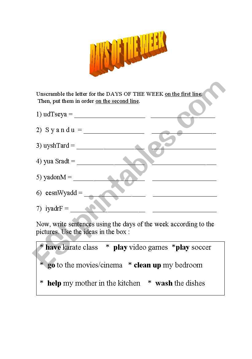 days of the week worksheet