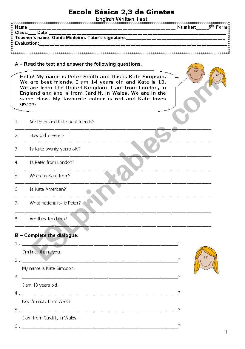 Written test - 4 pages worksheet