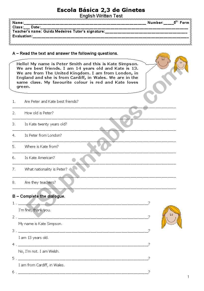 Written test - 4 pages worksheet