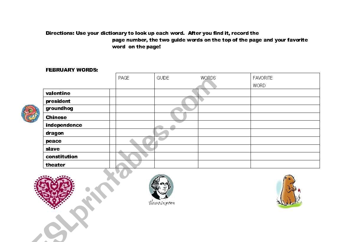 February Words Dictionary Practice