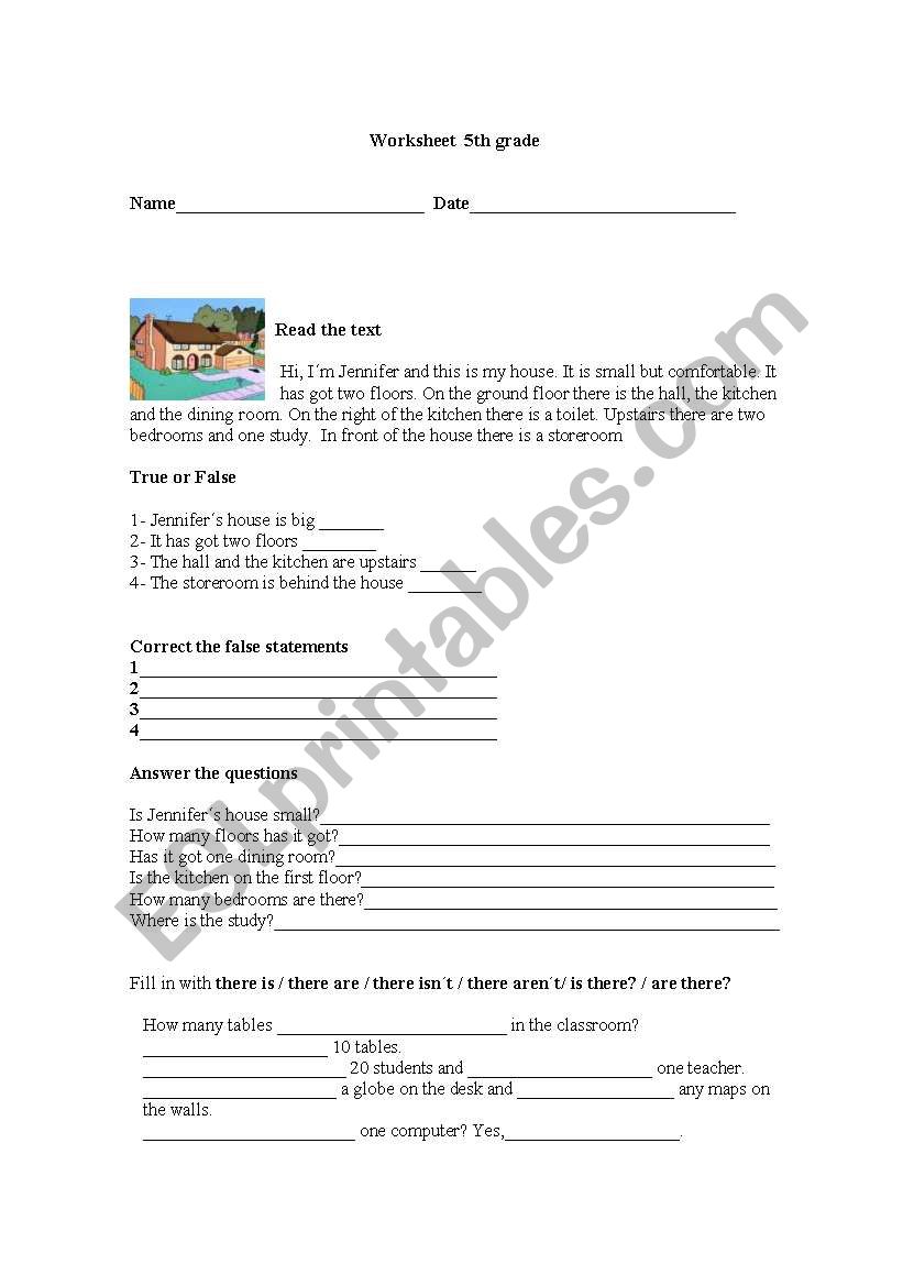 Jennifers house worksheet