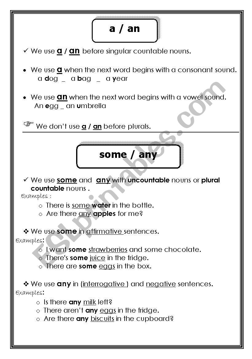 a / an / some / any worksheet