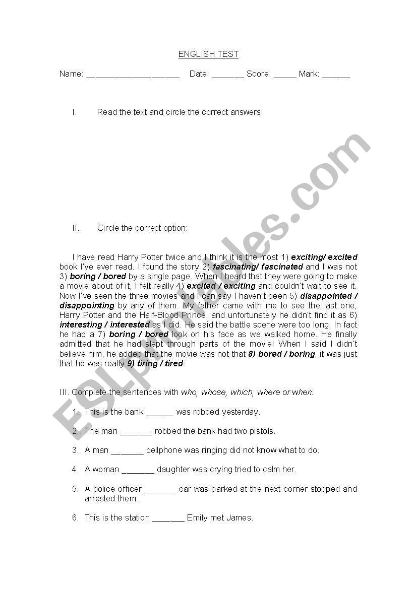 Test about relative clauses worksheet