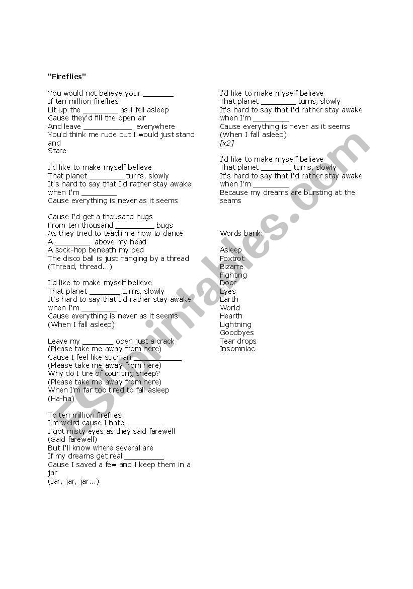 English Worksheets Owl City Fireflies Lyrics