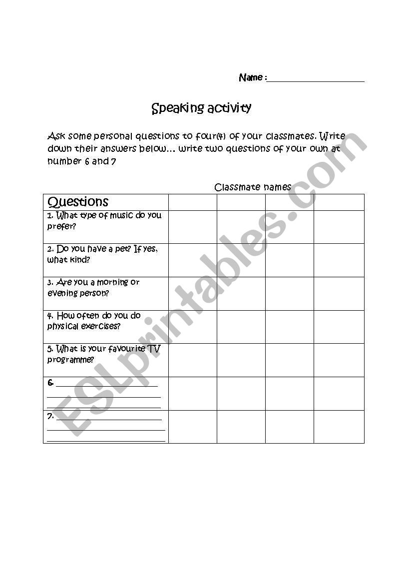 question word speaking activity 
