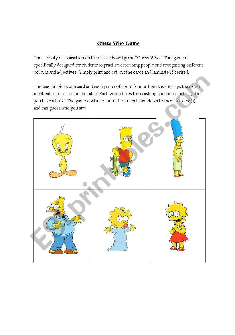 Guess Who Cards 1/3 worksheet