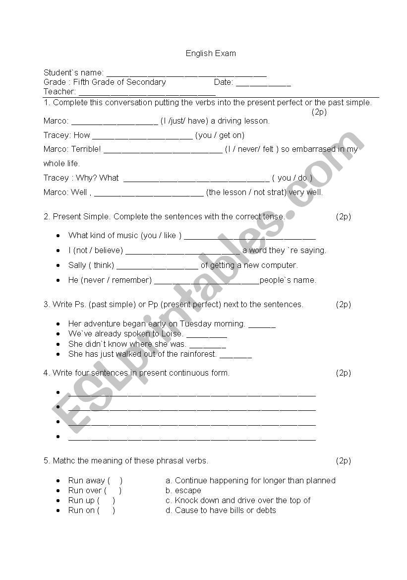 English Exam worksheet