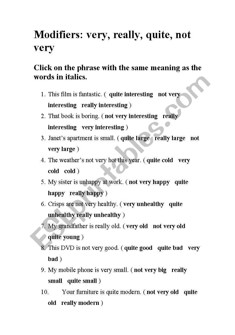 Modifiers Very Really Quite Not Very ESL Worksheet By Almoz