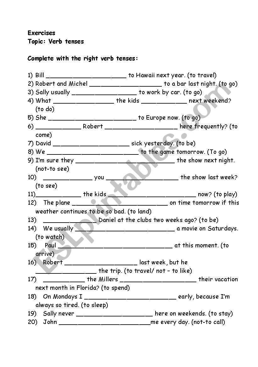 English Worksheets Verb Tenses