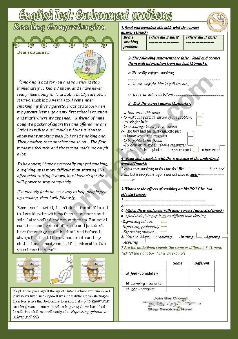 English Test:Environment Problems :Reading Comprehension +Language(9th form Mid Term Test)(+Key)