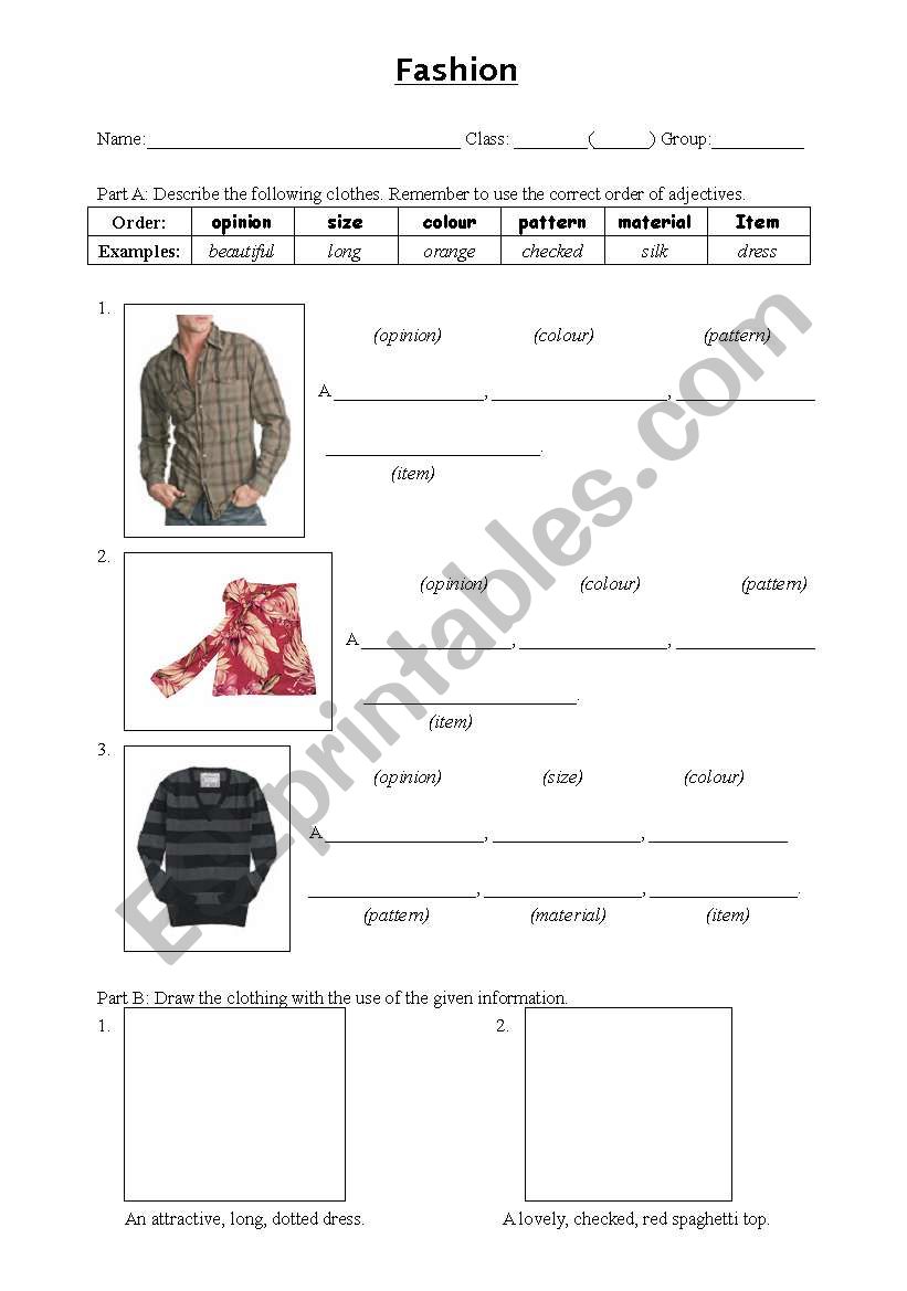 order of adjectives (fashion) worksheet